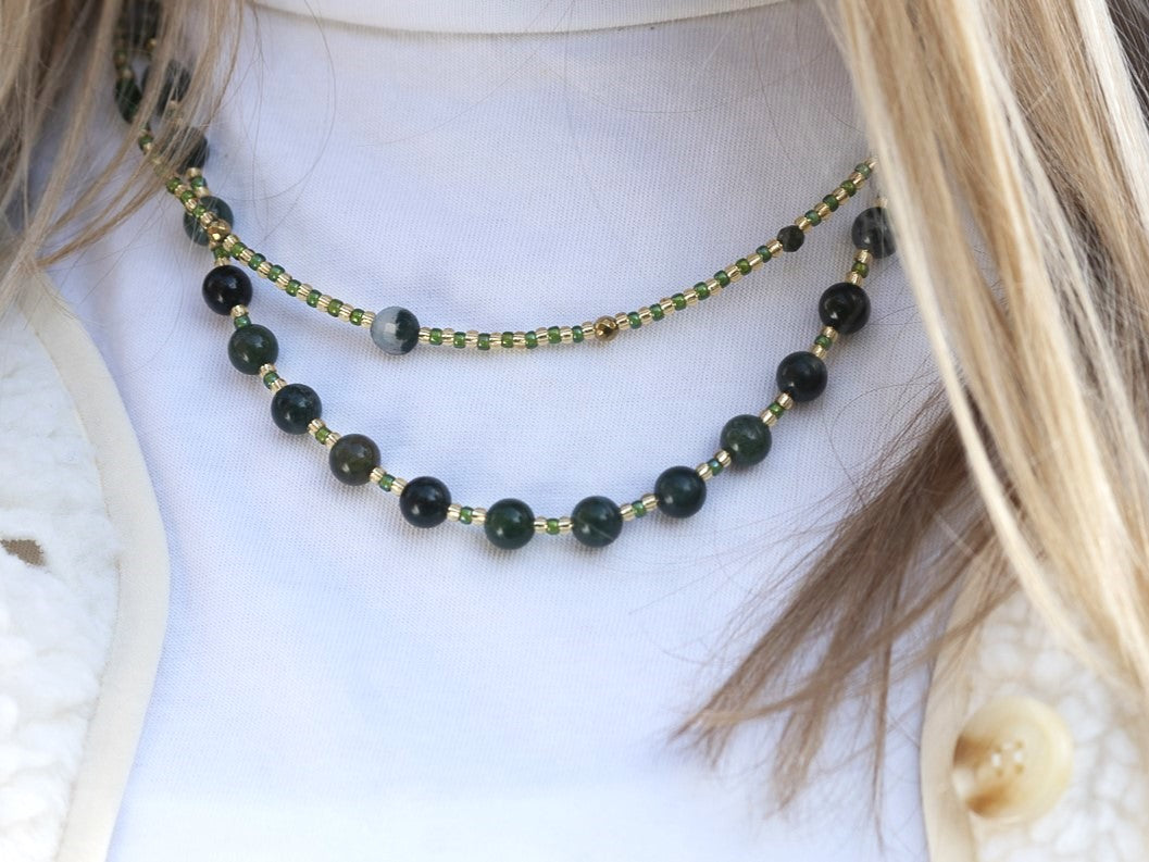 Necklace Batu Moss agate, silver or gold stainless steel