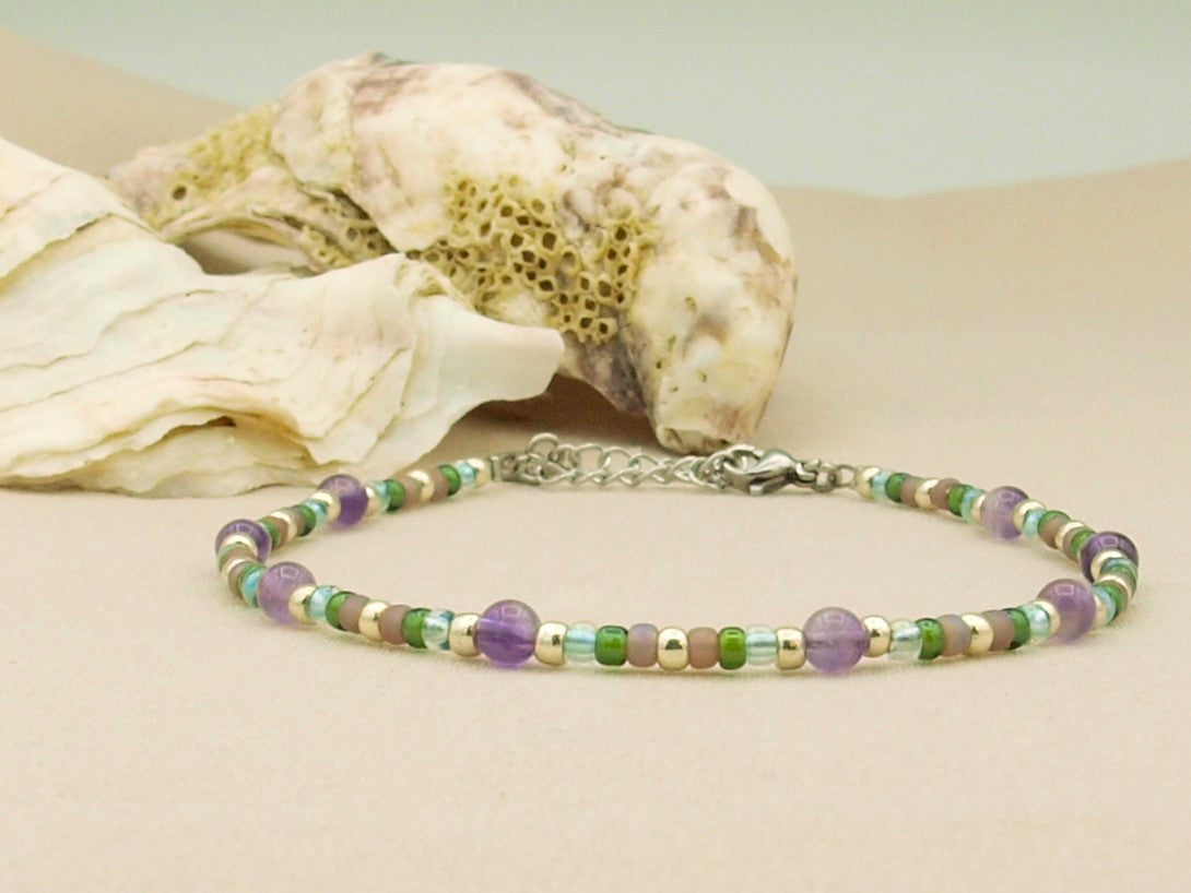 Anklet amethyst, silver or gold stainless steel