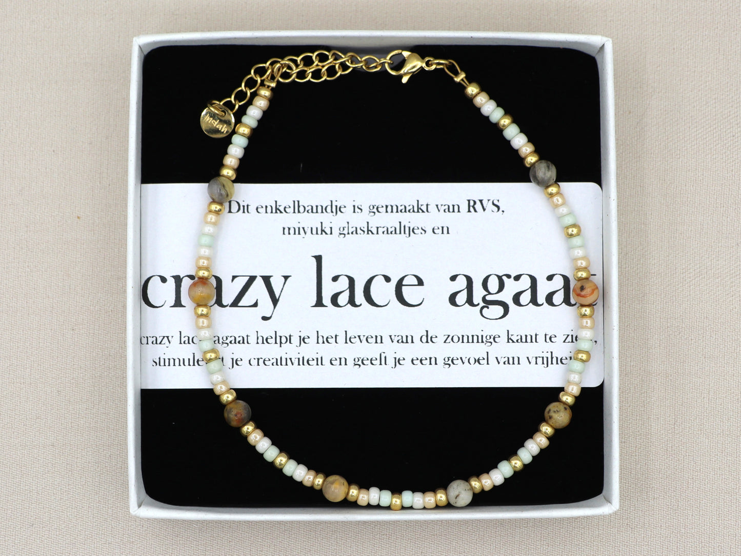 Anklet crazy lace agate, silver or gold stainless steel