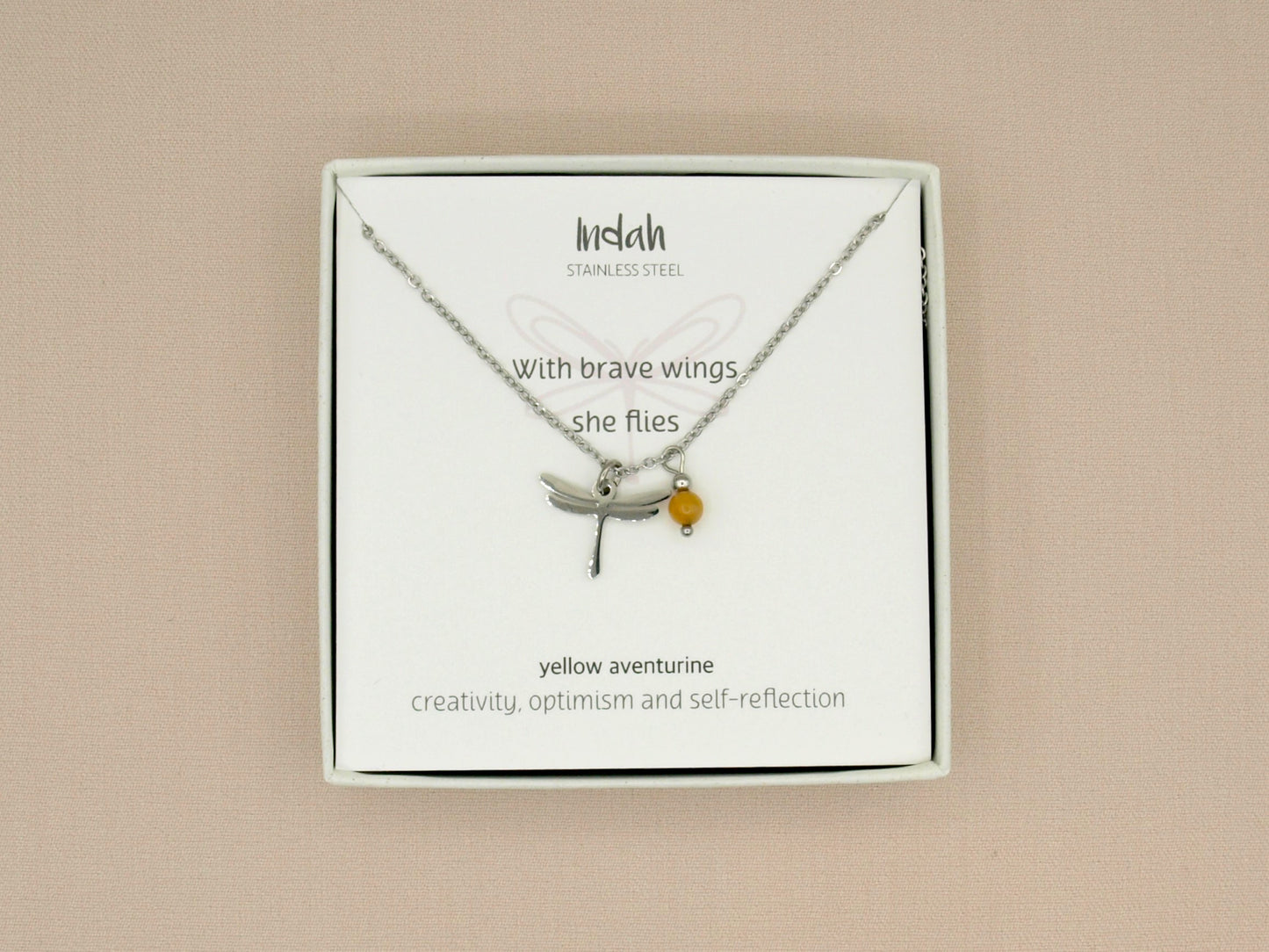 Necklace rock, dragonfly-yellow aventurine, silver and gold stainless steel