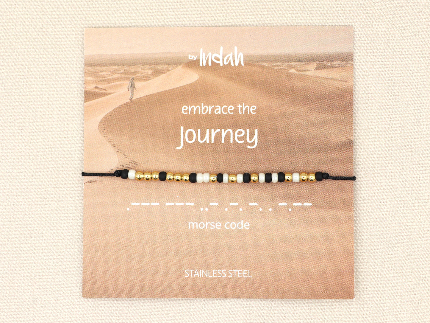 Morse code armband Embrace the journey, roestvrij staal (zilver of goud)