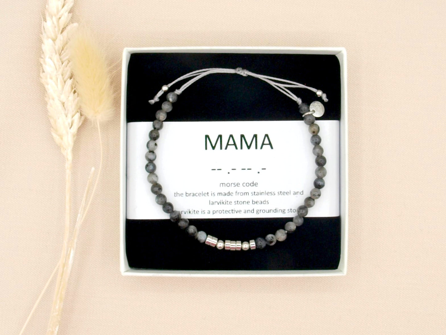 Persoonlijke morse code armband, larvikiet en rvs