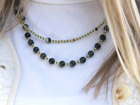 Necklace Batu Moss agate, silver or gold stainless steel