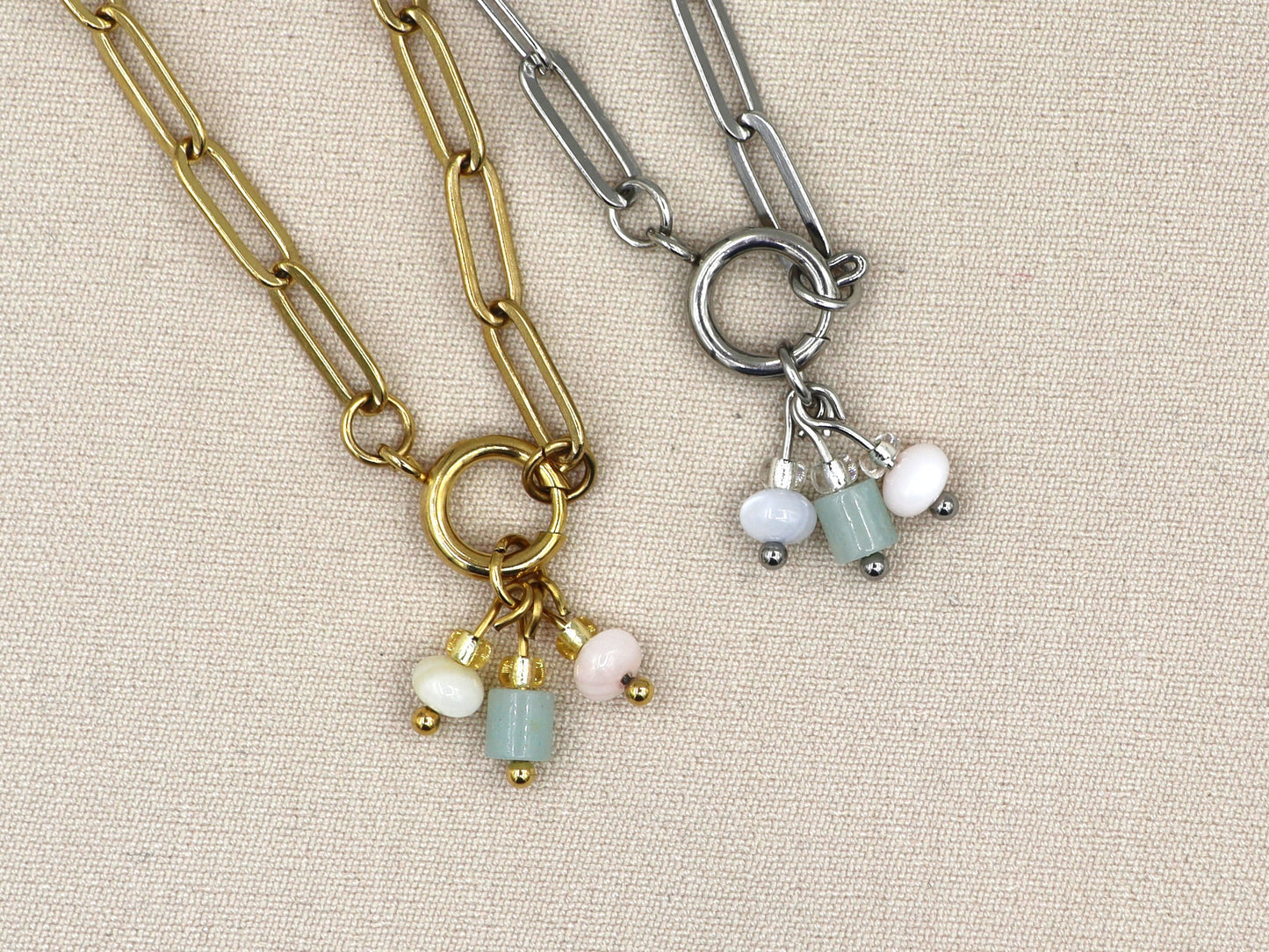 Necklace Paru chalcedon, silver and gold stainless steel