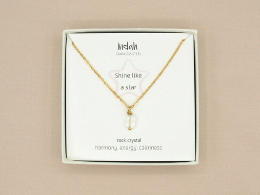 Necklace rock, rock crystal, silver and gold stainless steel