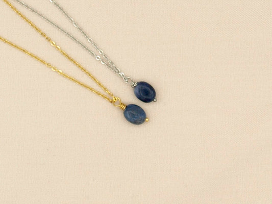 Necklace rock, blue quartz, silver and gold stainless steel