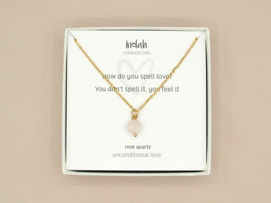 Necklace rock, rose quartz, silver and gold stainless steel