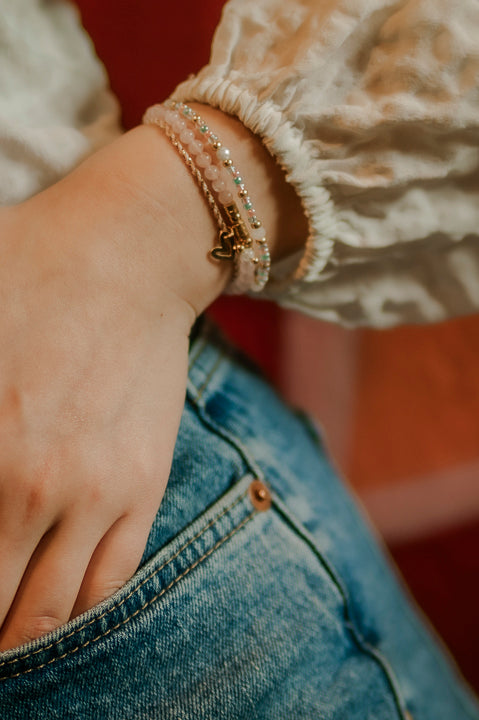 Personalized morse code bracelet, roze quartz and stainless steel