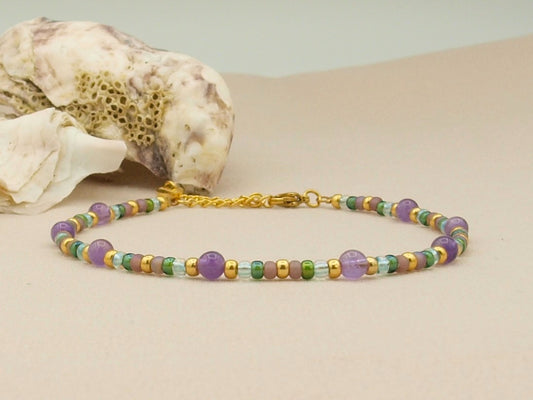 Anklet amethyst, silver or gold stainless steel