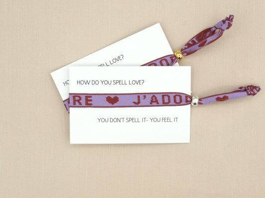 J'adore, purple ribbon bracelet