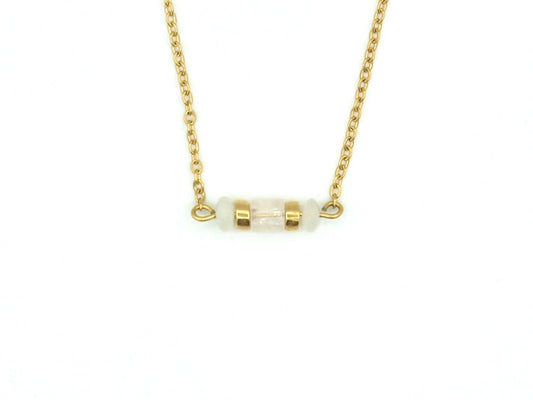 Necklace Iris rose quartz, silver and gold stainless steel