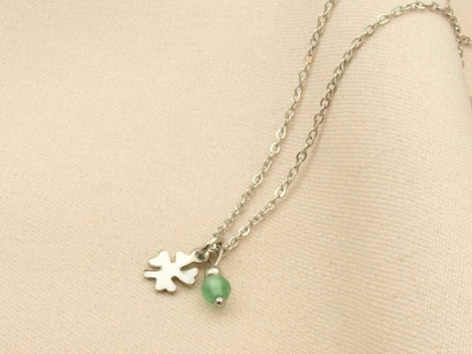 Necklace rock, clover-jade, silver and gold stainless steel