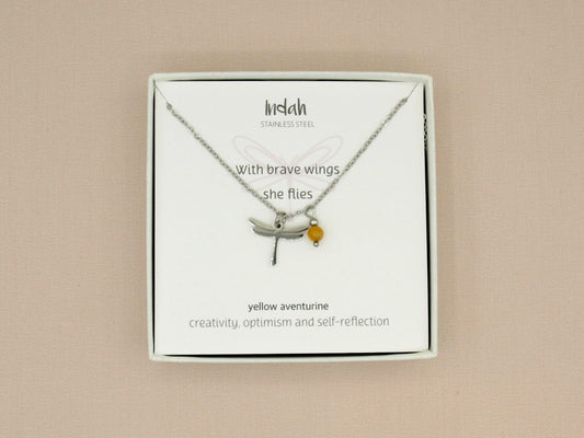 Necklace rock, dragonfly-yellow aventurine, silver and gold stainless steel