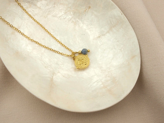 Necklace rock, evil eye- blue quartz, silver and gold stainless steel