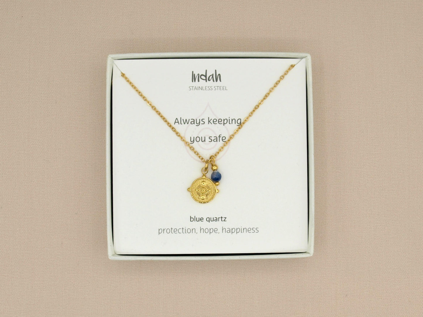 Ketting rock, boze oog-blauwe kwarts, zilver en goud roestvrij staal