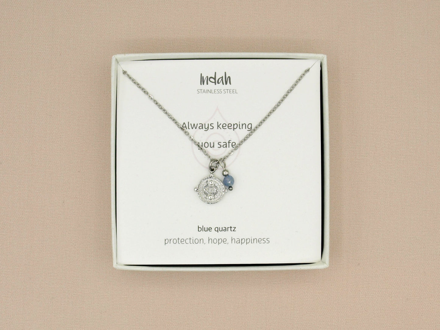 Ketting rock, boze oog-blauwe kwarts, zilver en goud roestvrij staal