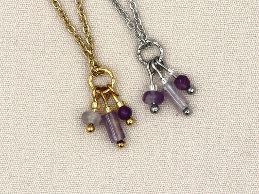 Necklace Tiga amethyst, silver and gold stainless steel