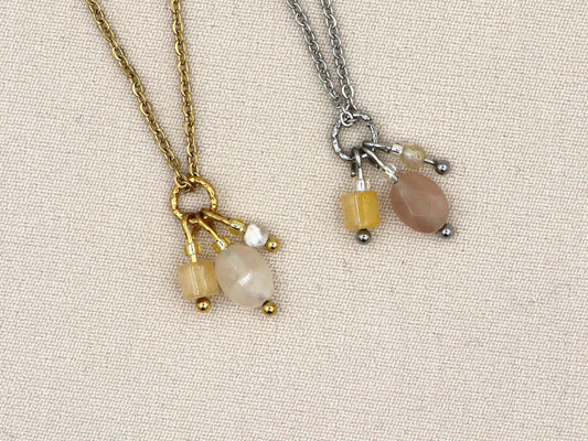 Necklace Tiga yellow aventurine, silver and gold stainless steel