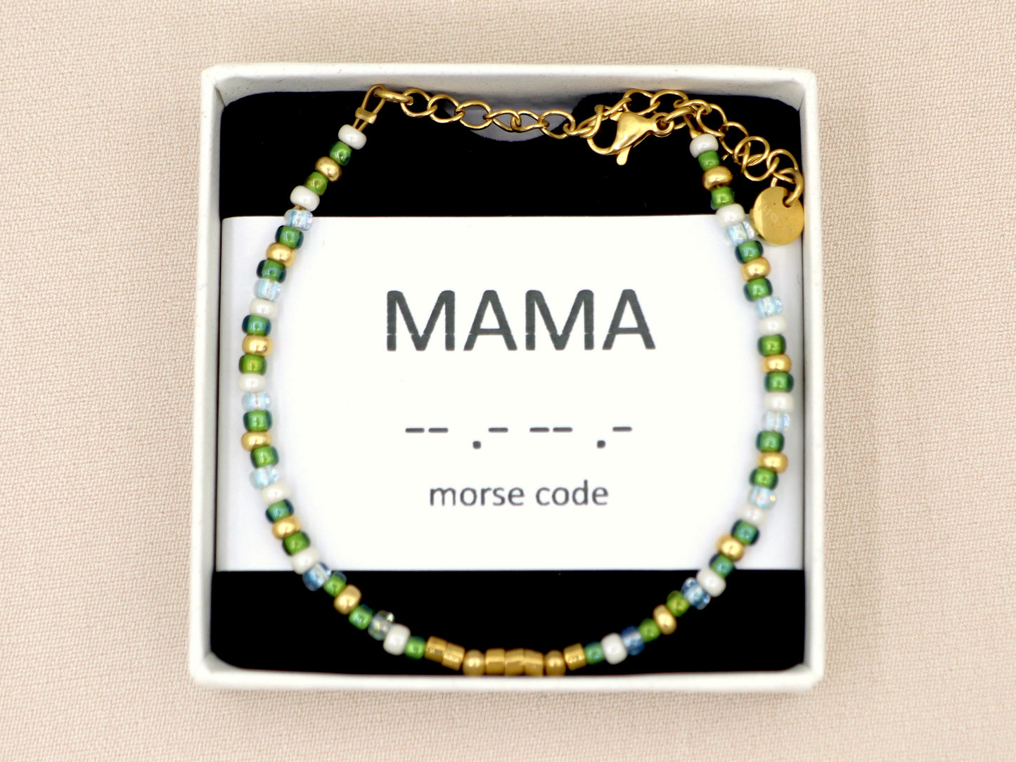 morse code bracelet mama green, silver or gold stainless steel