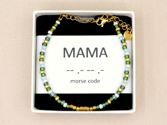 morse code bracelet mama green, silver or gold stainless steel