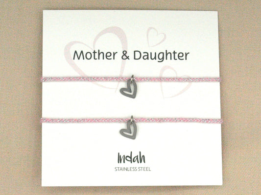Mother and daughter bracelet set pink, stainless steel silver