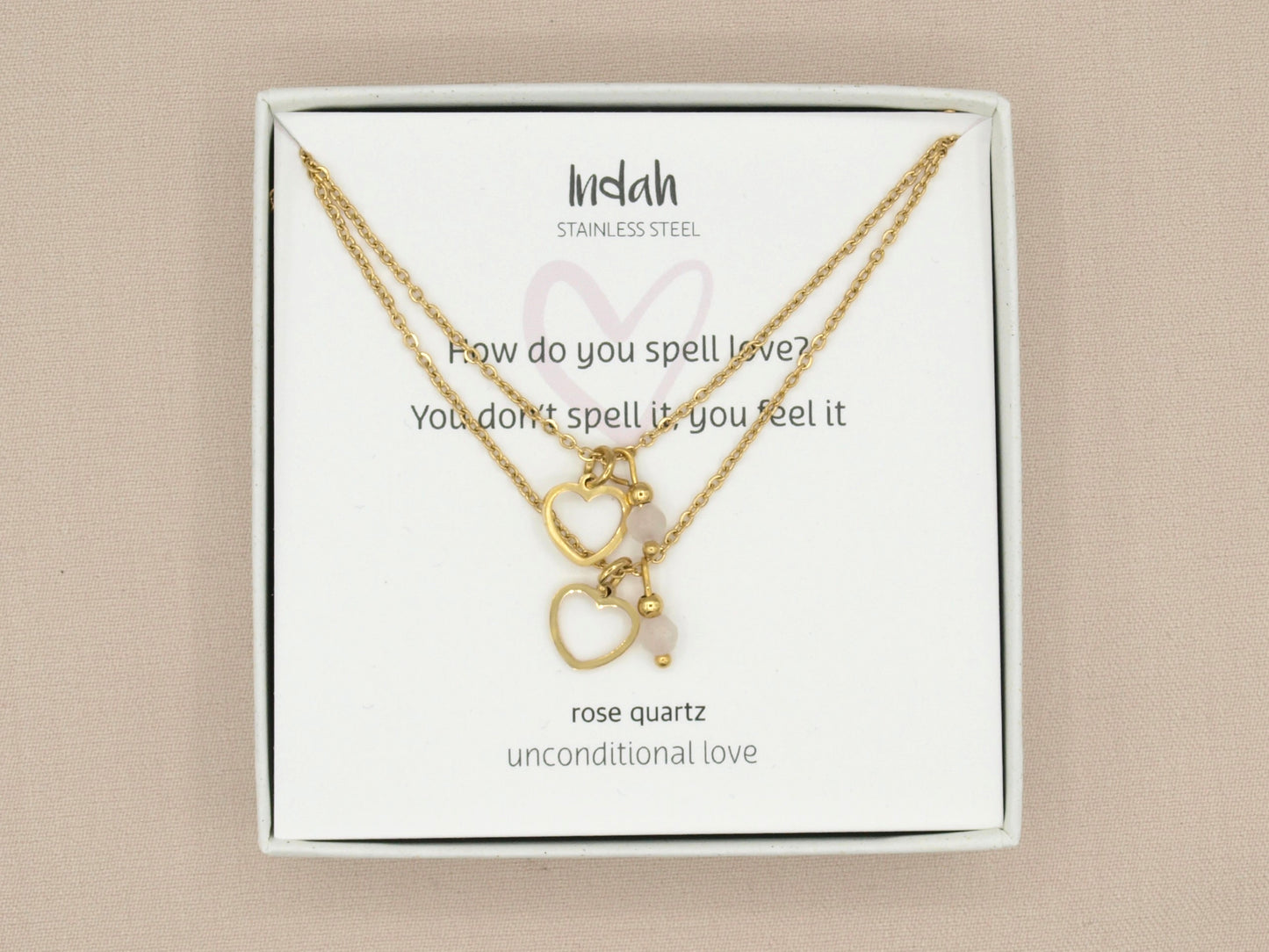 Necklace set mother and daughter rose quartz in silver or gold stainless steel