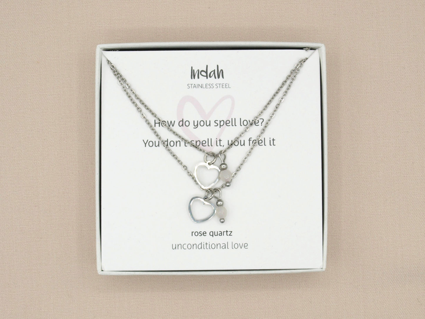 Necklace set mother and daughter rose quartz in silver or gold stainless steel
