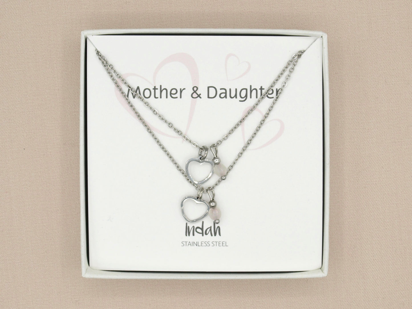 Necklace set mother and daughter rose quartz in silver or gold stainless steel