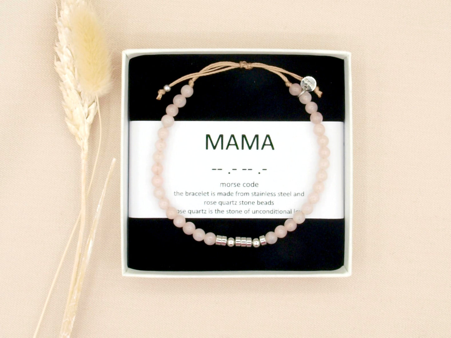 Personalized morse code bracelet, roze quartz and stainless steel