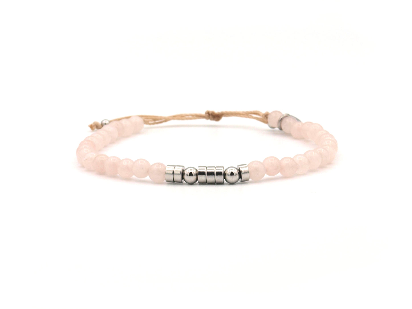 Personalized morse code bracelet, roze quartz and stainless steel