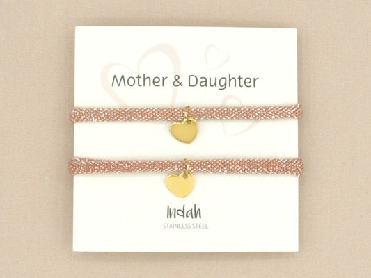 Mother and daughter bracelet set pink, stainless steel silver or gold