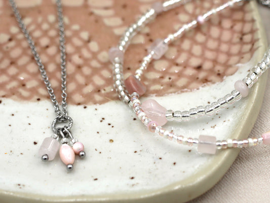 Necklace Tiga rose quartz, silver and gold stainless steel